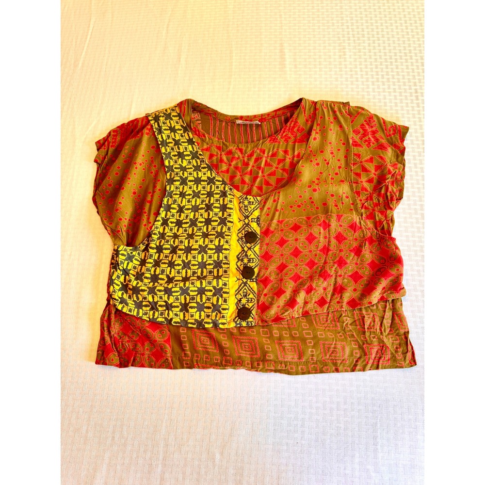 We Be Bop Mixed Print Patchwork Boho Rayon Top Short Sleeve Button Front Blouse